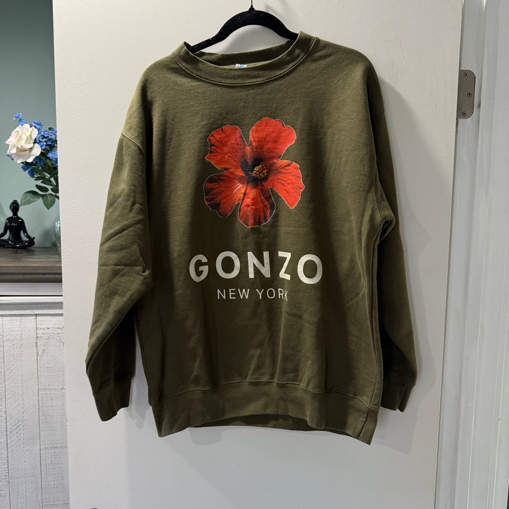 Men’s Crewneck Sweater Green Gonzo New York Hibiscus Flower Size L